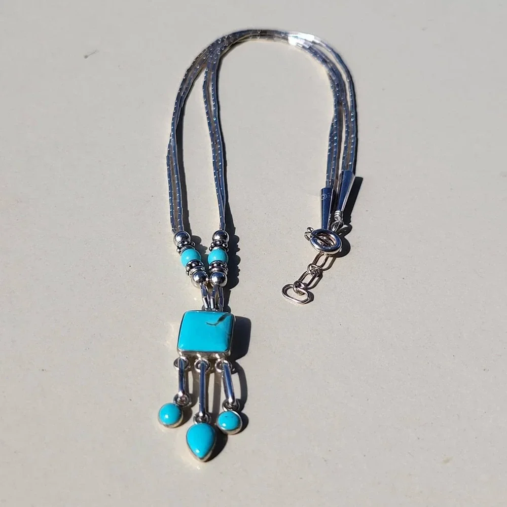 Vintage Q.T. 925 Sterling Silver Turquoise Liquid Silver Pendant Necklace